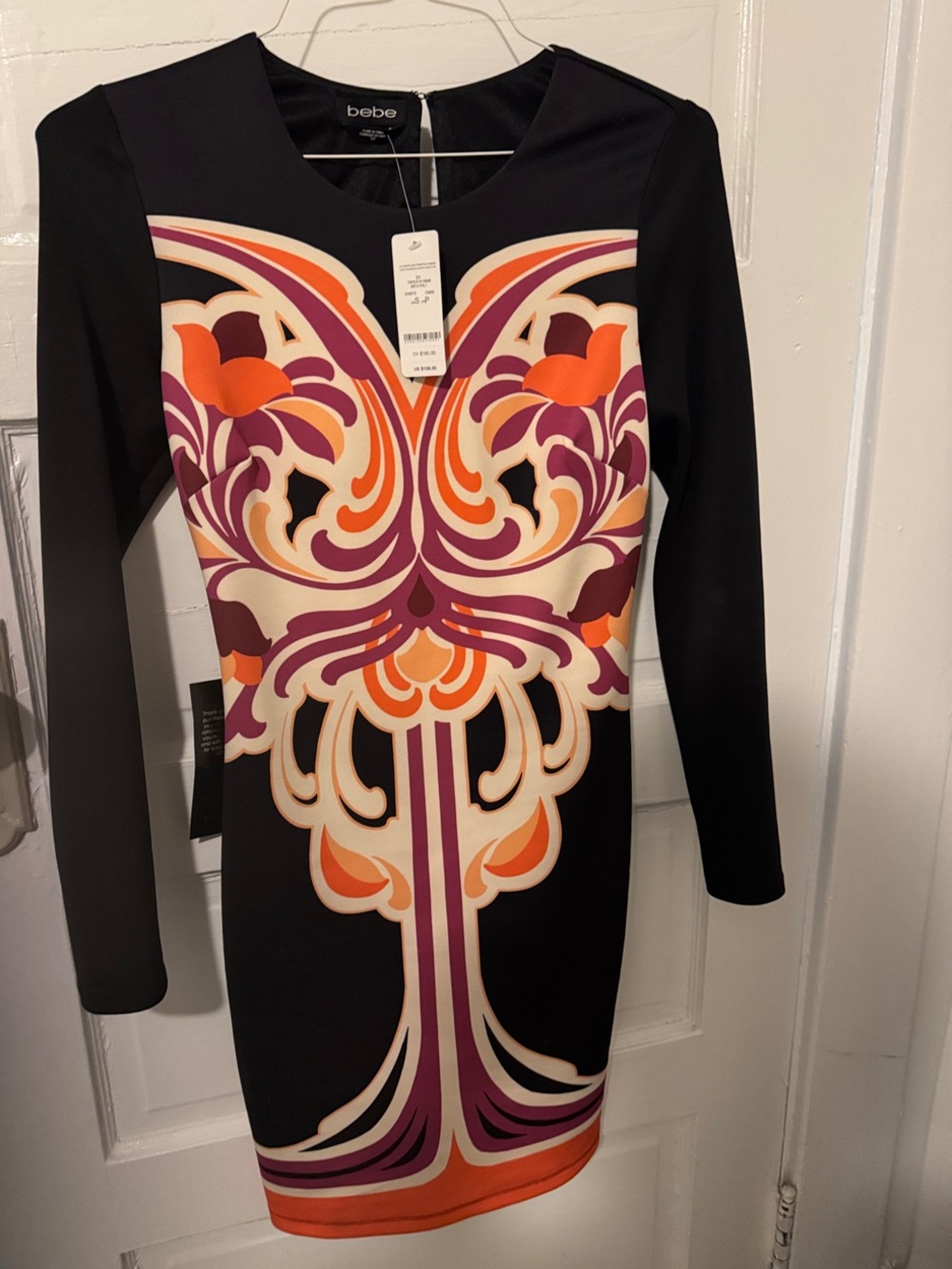 bebe Black Long-Sleeve Dress with Orange, Purple & Cream Graphic